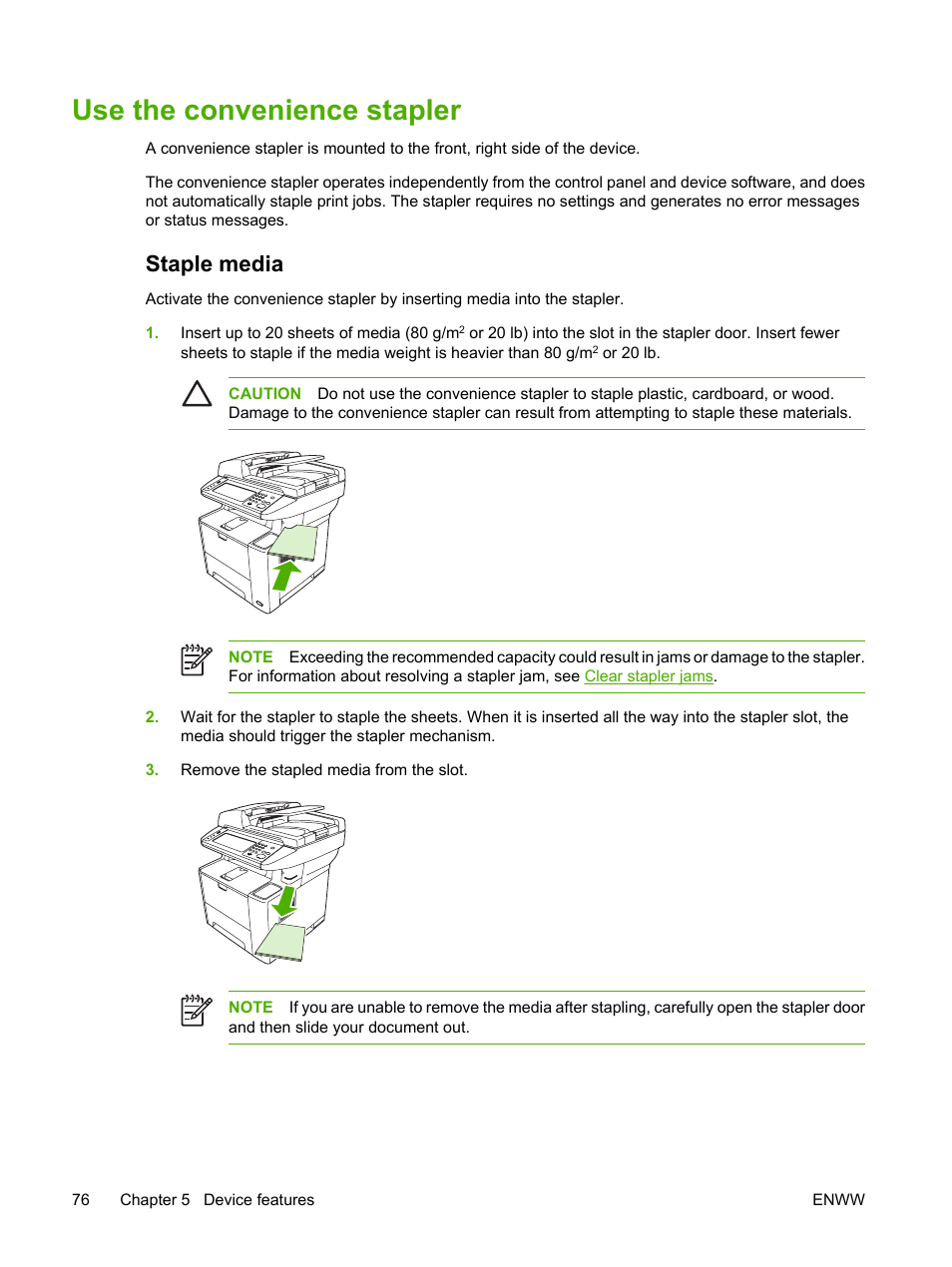 Use the convenience stapler, Staple media | HP LaserJet M3027 Multifunction Printer series User Manual | Page 88 / 268