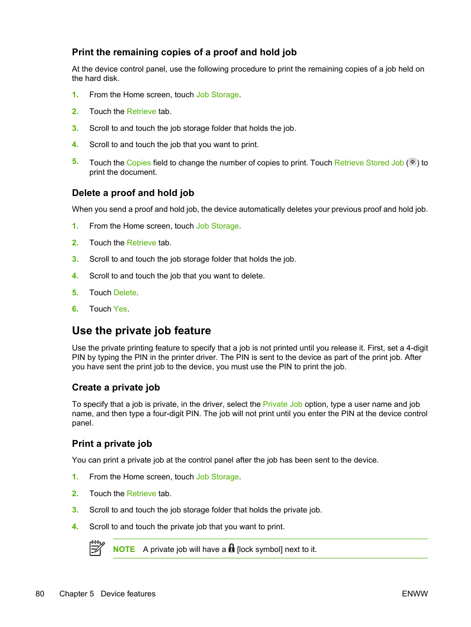 Print the remaining copies of a proof and hold job, Delete a proof and hold job, Use the private job feature | Create a private job, Print a private job, Create a private job print a private job, Print the remaining copies of a proof, And hold job | HP LaserJet M3027 Multifunction Printer series User Manual | Page 92 / 268