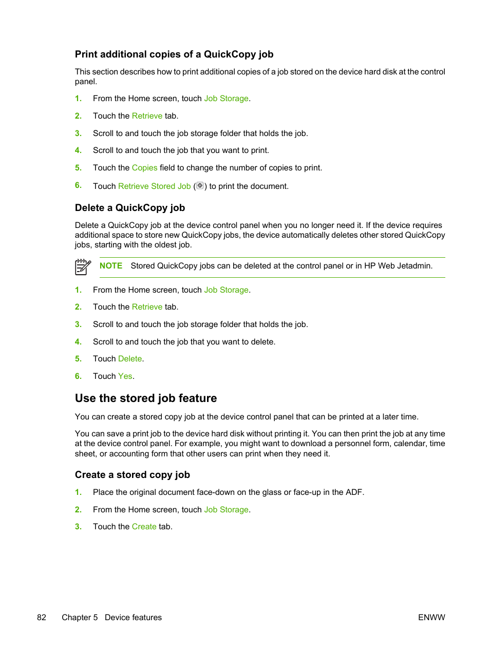 Print additional copies of a quickcopy job, Delete a quickcopy job, Use the stored job feature | Create a stored copy job | HP LaserJet M3027 Multifunction Printer series User Manual | Page 94 / 268