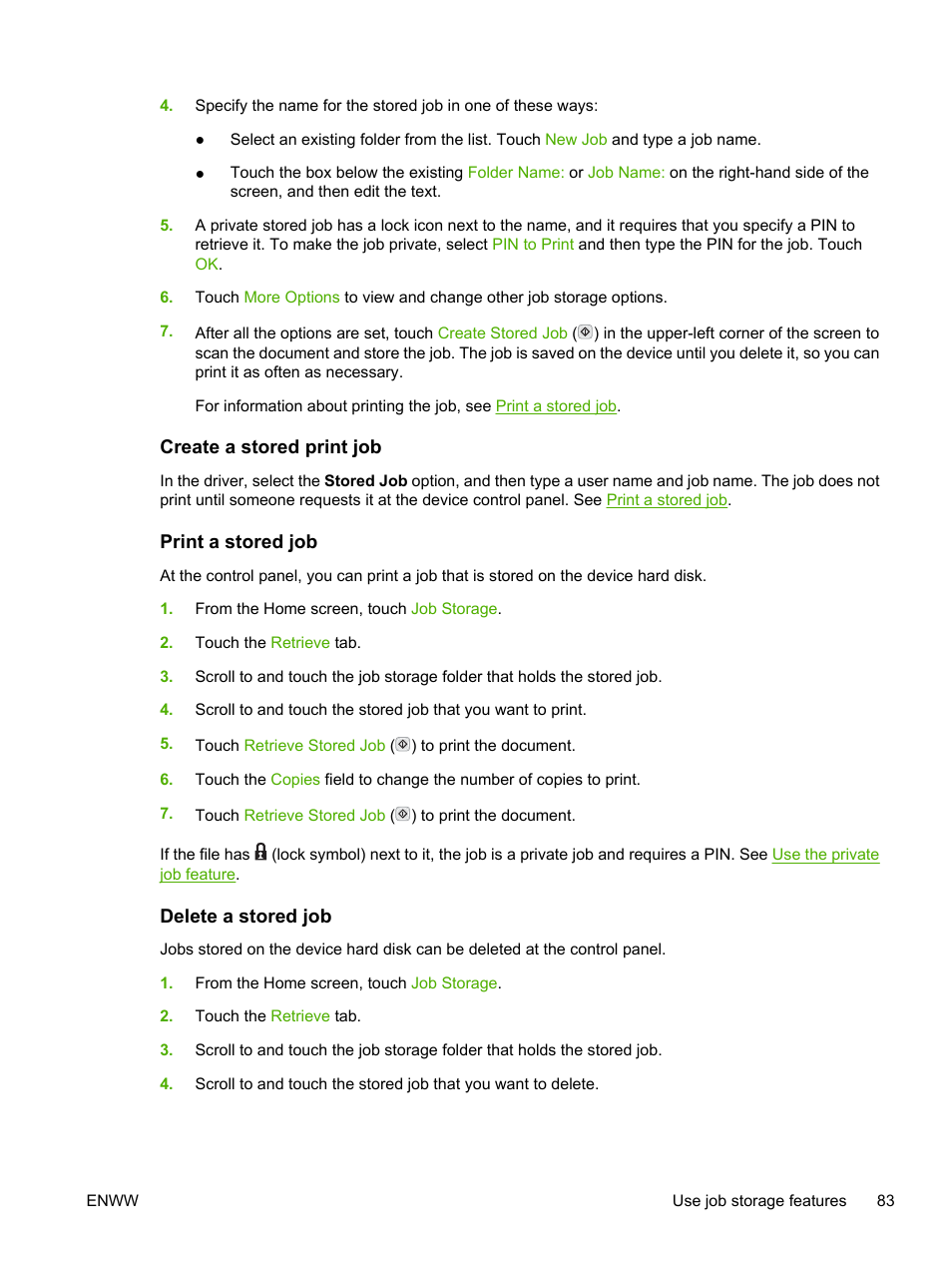 Create a stored print job, Print a stored job, Delete a stored job | HP LaserJet M3027 Multifunction Printer series User Manual | Page 95 / 268