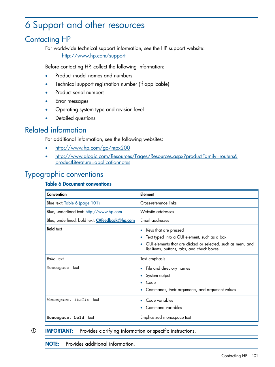 6 support and other resources, Contacting hp, Related information | Typographic conventions | HP MPX200 Multifunction Router User Manual | Page 101 / 147