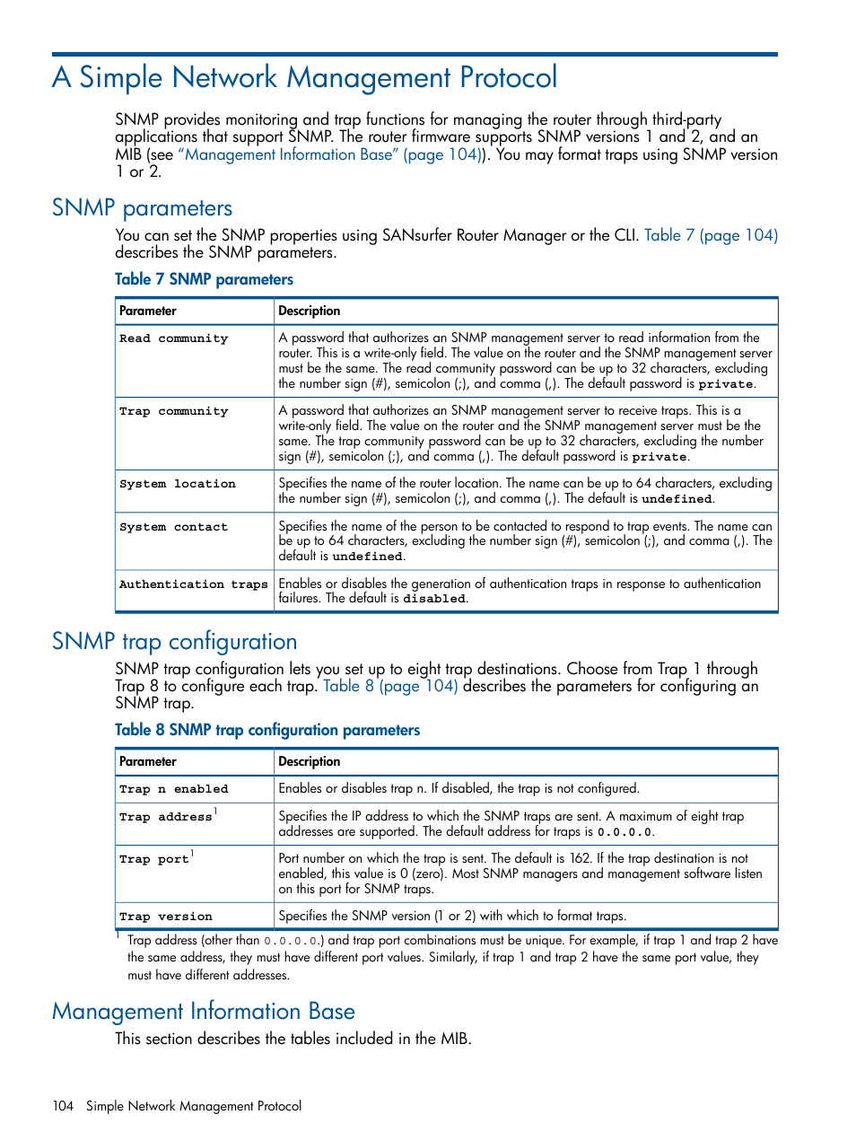 A simple network management protocol, Snmp parameters, Snmp trap configuration | Management information base | HP MPX200 Multifunction Router User Manual | Page 104 / 147