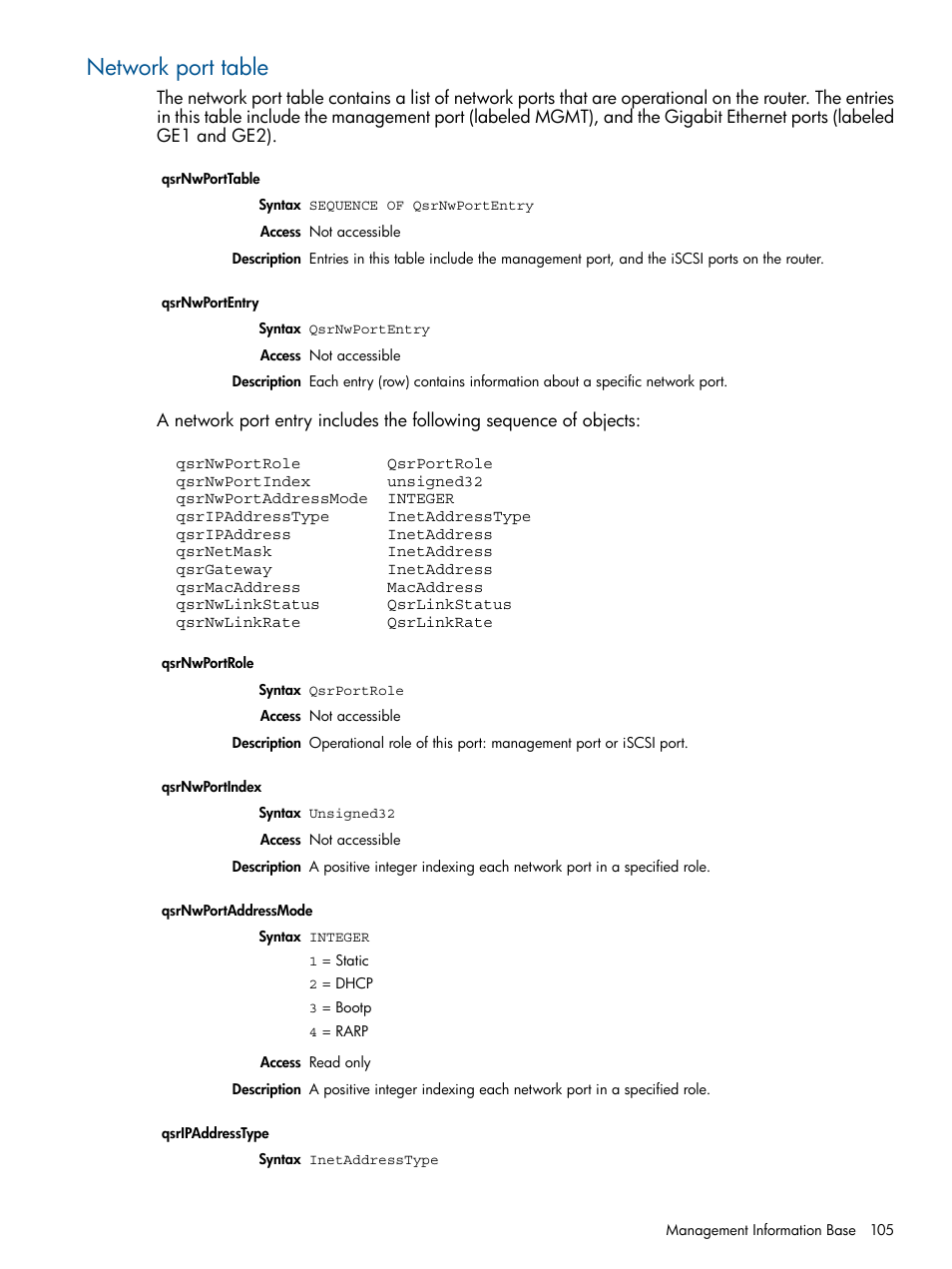 Network port table | HP MPX200 Multifunction Router User Manual | Page 105 / 147
