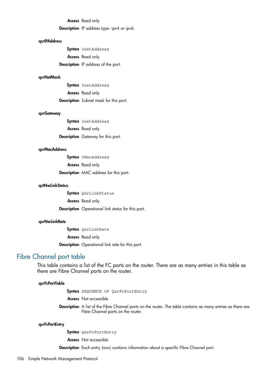 Fibre channel port table | HP MPX200 Multifunction Router User Manual | Page 106 / 147