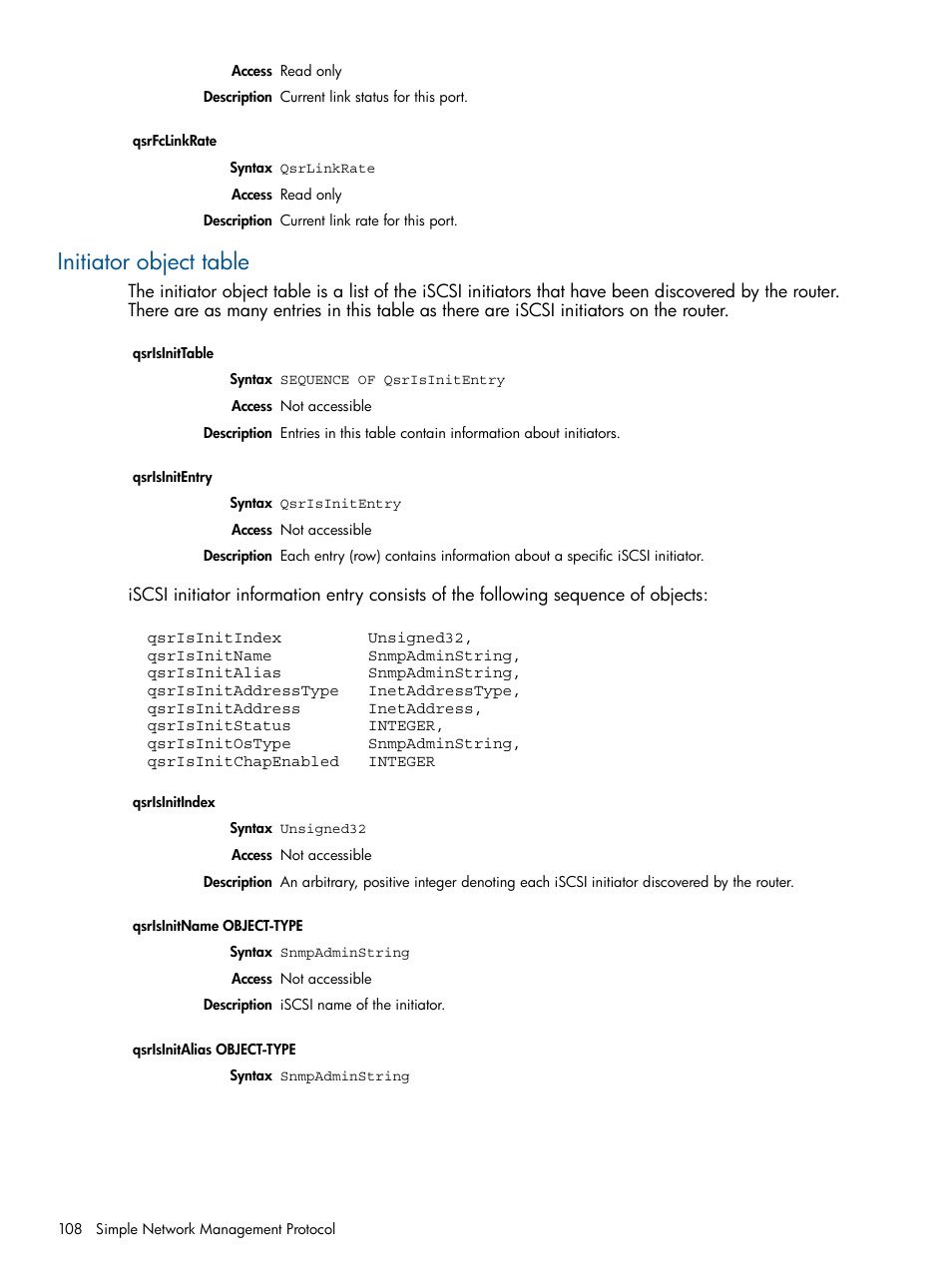 Initiator object table | HP MPX200 Multifunction Router User Manual | Page 108 / 147