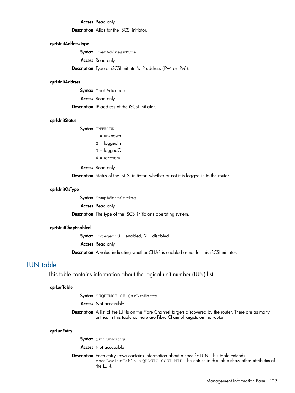 Lun table | HP MPX200 Multifunction Router User Manual | Page 109 / 147