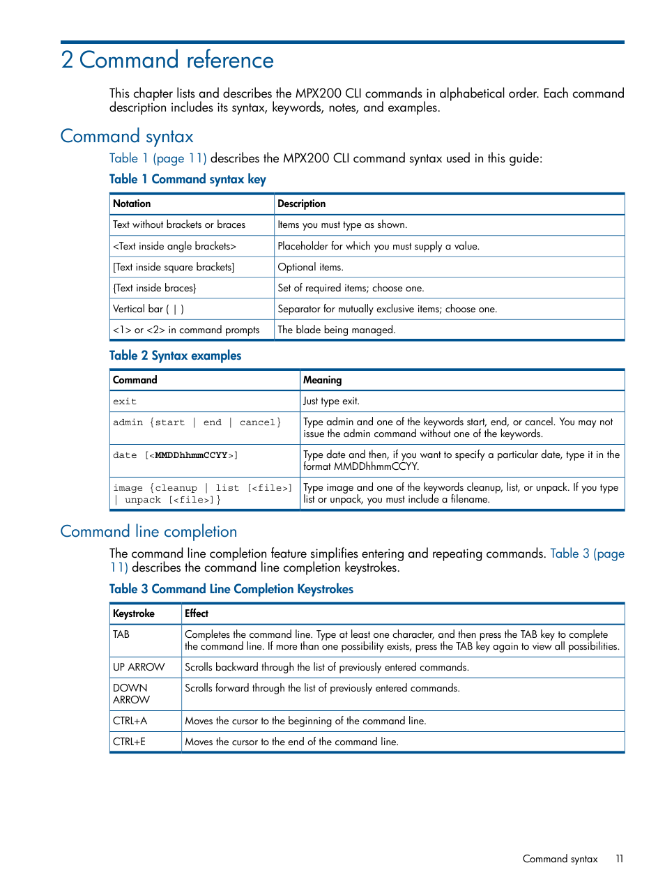 2 command reference, Command syntax, Command line completion | HP MPX200 Multifunction Router User Manual | Page 11 / 147