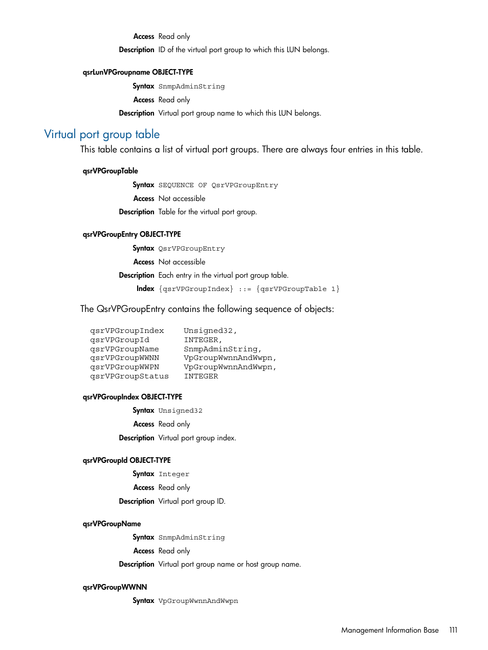 Virtual port group table | HP MPX200 Multifunction Router User Manual | Page 111 / 147