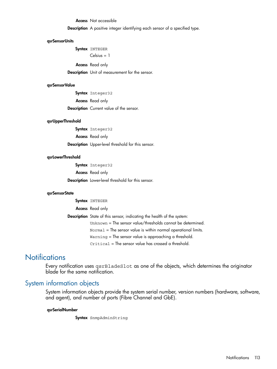 Notifications, System information objects | HP MPX200 Multifunction Router User Manual | Page 113 / 147