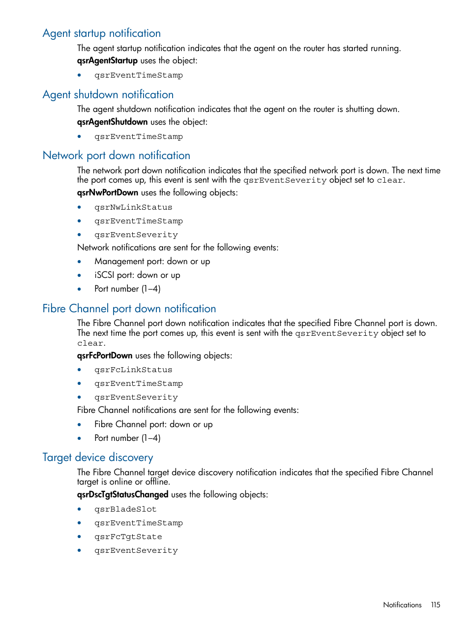 Agent startup notification, Agent shutdown notification, Network port down notification | Fibre channel port down notification, Target device discovery | HP MPX200 Multifunction Router User Manual | Page 115 / 147