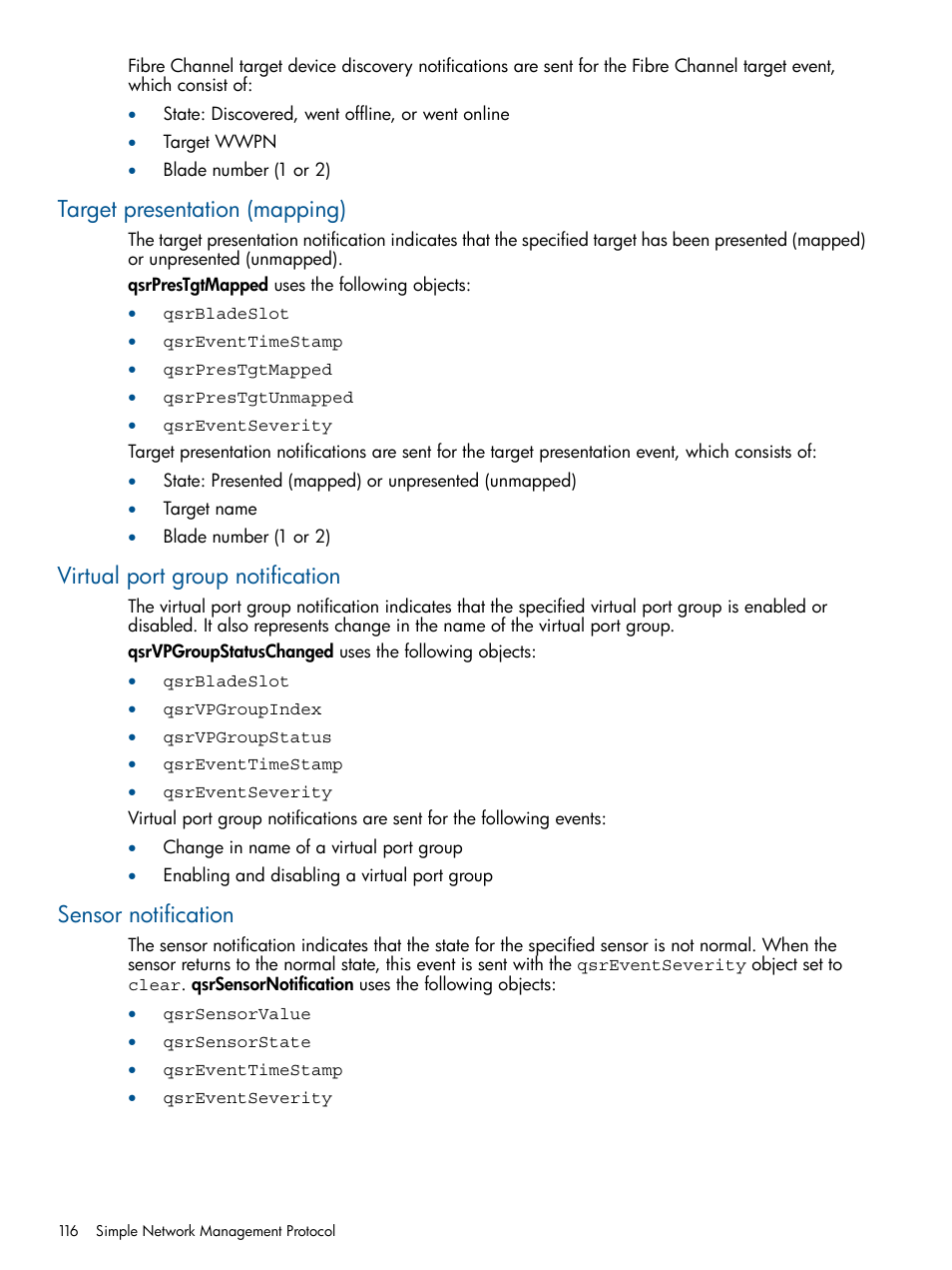 Target presentation (mapping), Virtual port group notification, Sensor notification | HP MPX200 Multifunction Router User Manual | Page 116 / 147