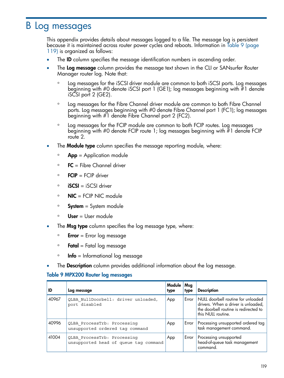 B log messages | HP MPX200 Multifunction Router User Manual | Page 119 / 147