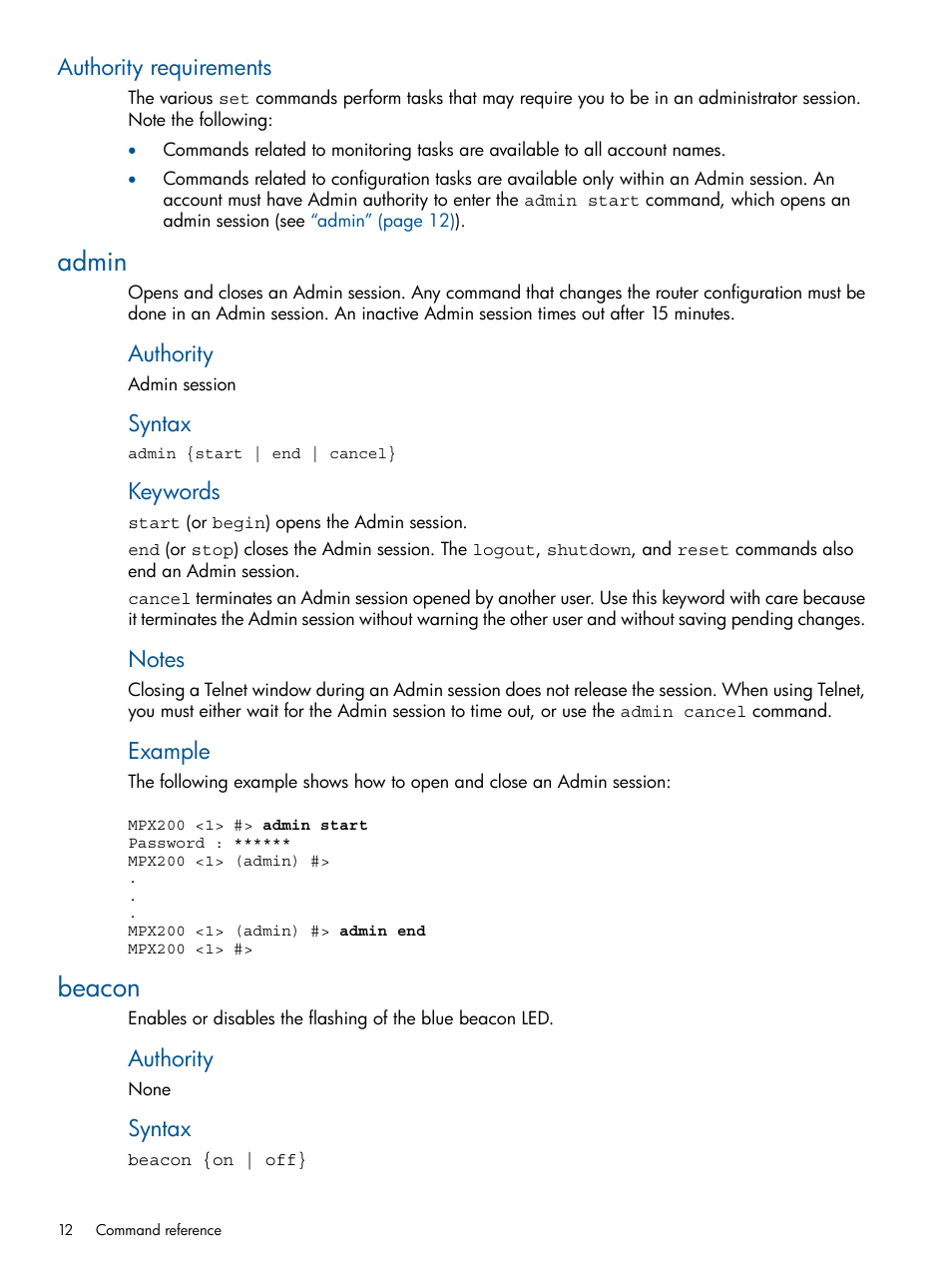 Authority requirements, Admin, Beacon | Admin beacon, Authority, Syntax, Keywords, Example | HP MPX200 Multifunction Router User Manual | Page 12 / 147