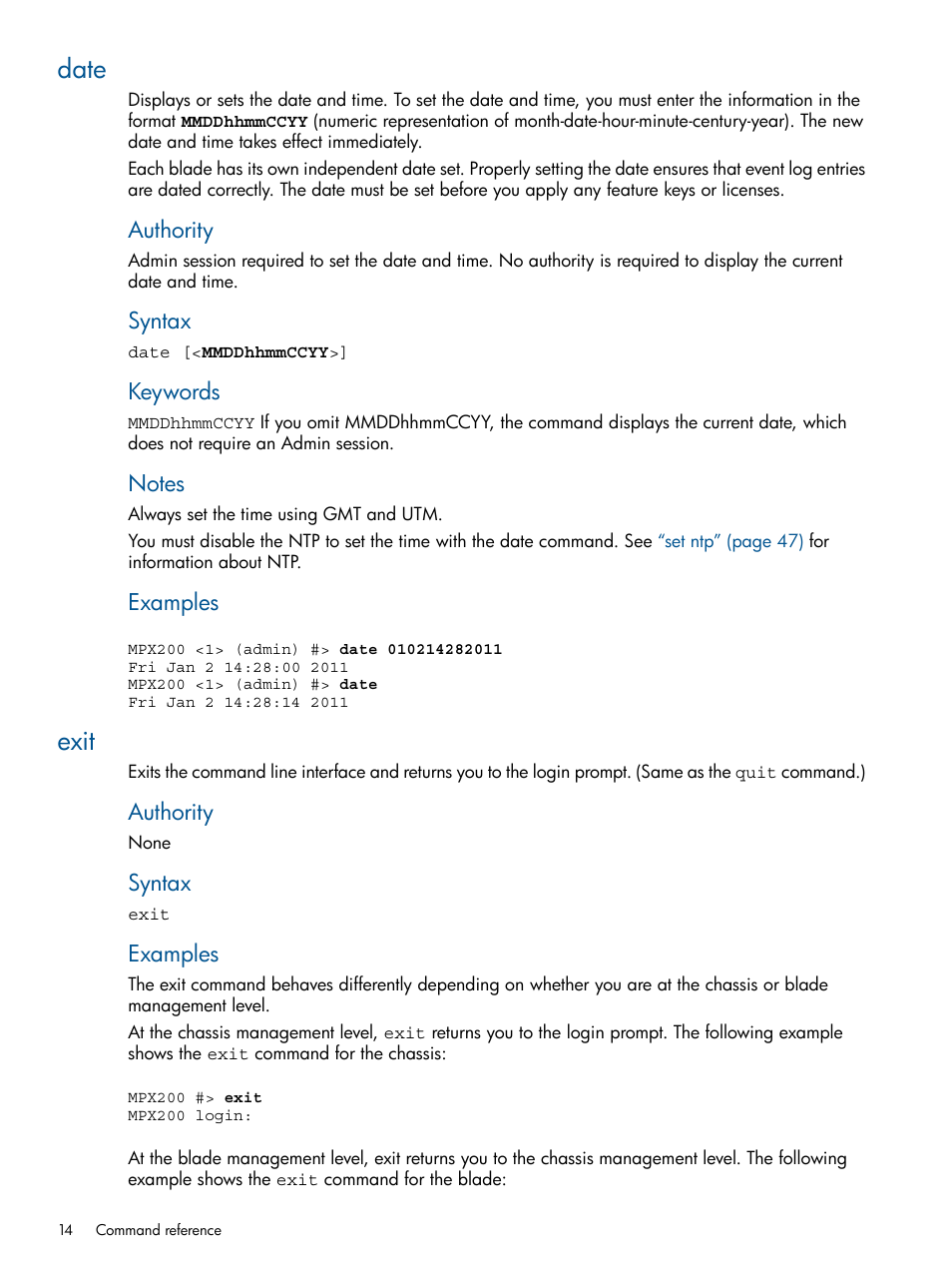 Date, Exit, Date exit | Authority, Syntax, Keywords, Examples | HP MPX200 Multifunction Router User Manual | Page 14 / 147