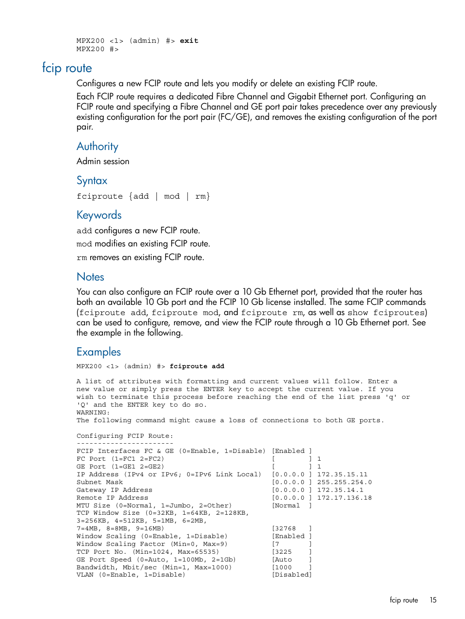 Fcip route, Authority, Syntax | Keywords, Examples | HP MPX200 Multifunction Router User Manual | Page 15 / 147