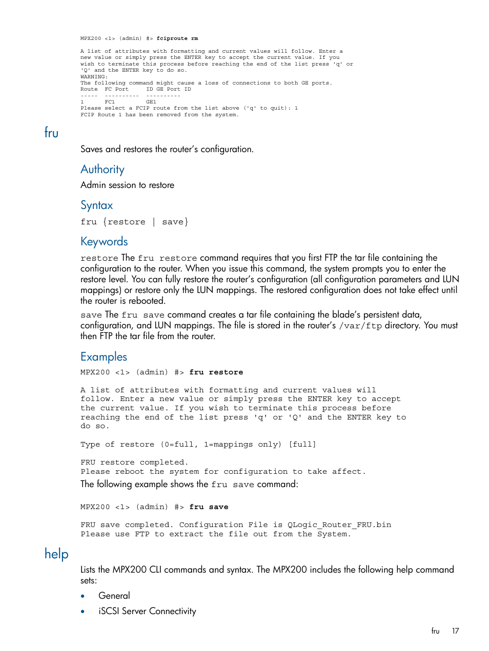 Help, Fru help, Authority | Syntax, Keywords, Examples | HP MPX200 Multifunction Router User Manual | Page 17 / 147