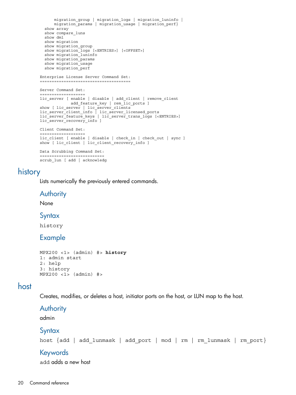 History, Host, History host | Authority, Syntax, Example, Keywords | HP MPX200 Multifunction Router User Manual | Page 20 / 147