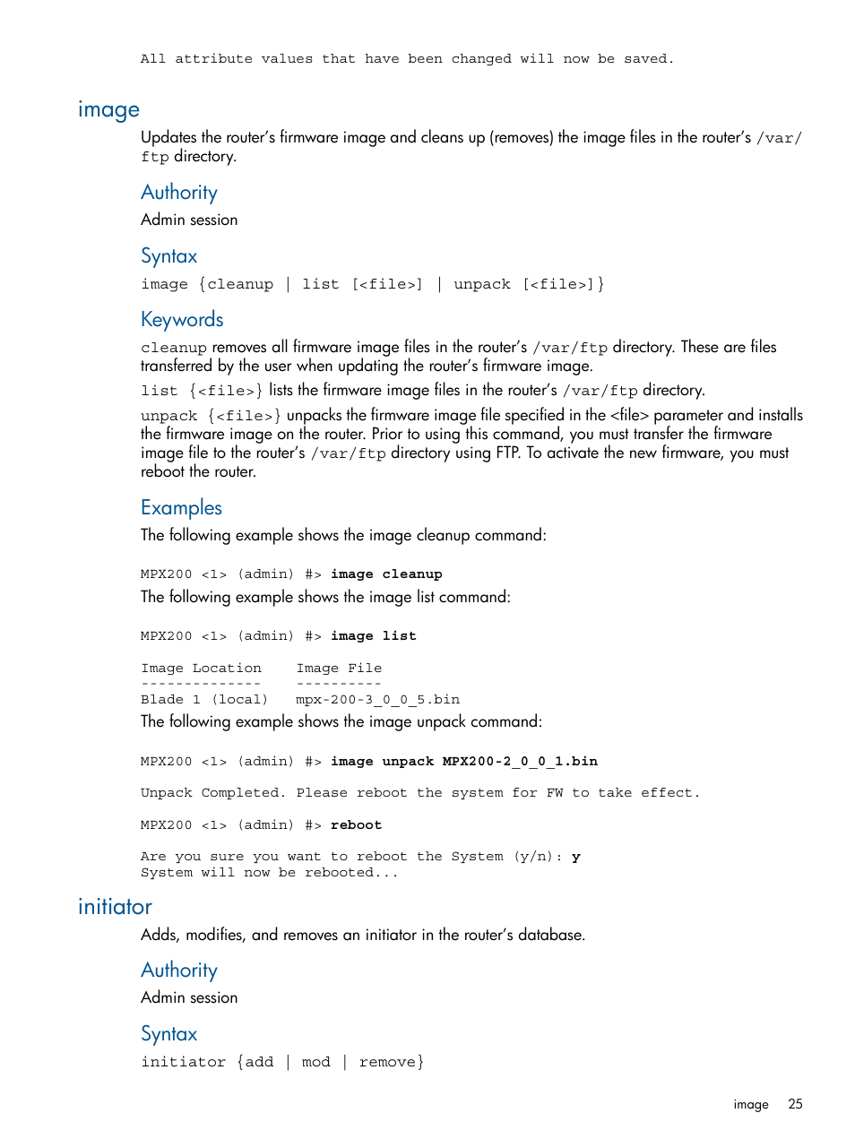 Image, Initiator, Image initiator | Authority, Syntax, Keywords, Examples | HP MPX200 Multifunction Router User Manual | Page 25 / 147