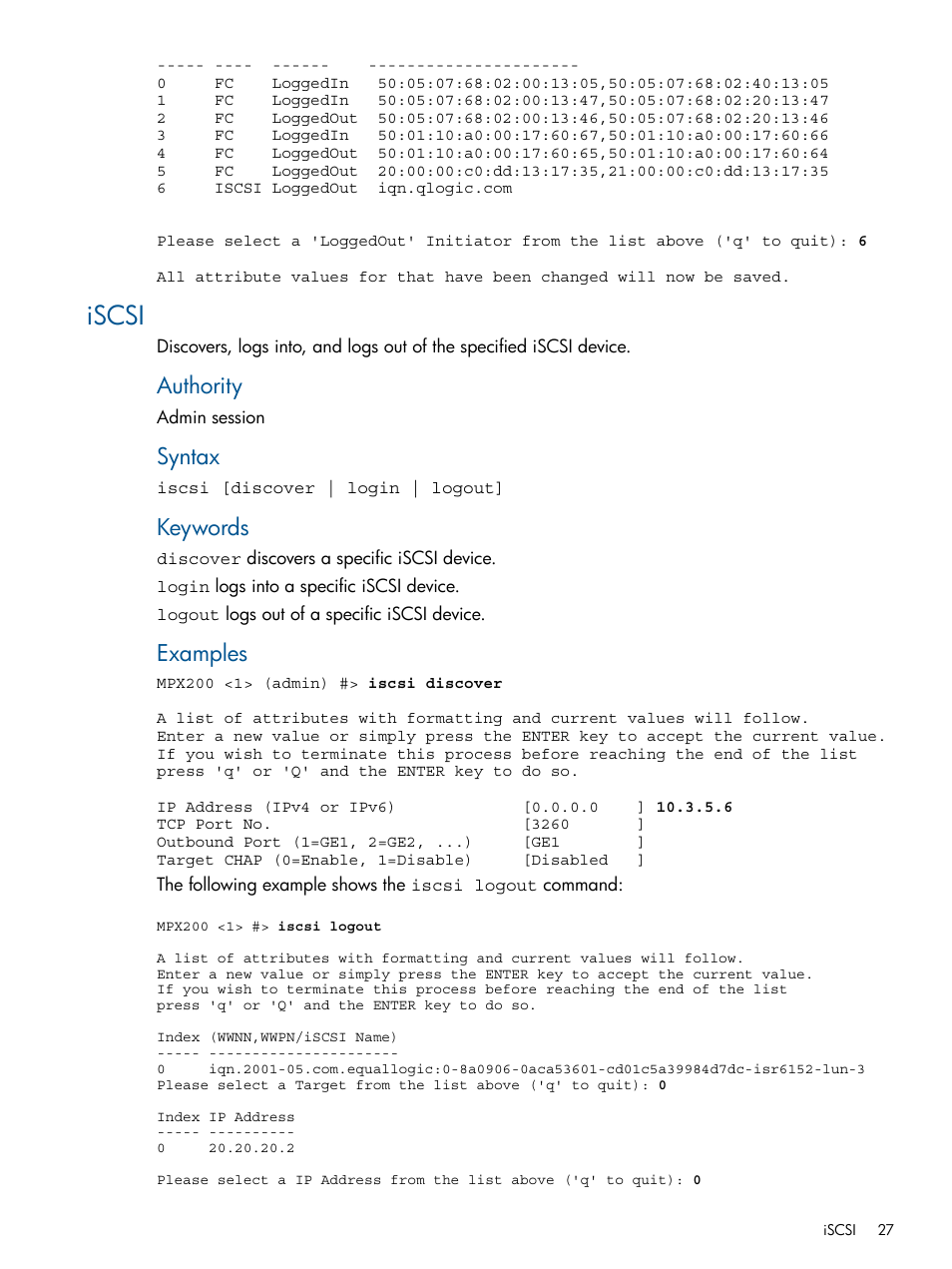 Iscsi, Authority, Syntax | Keywords, Examples | HP MPX200 Multifunction Router User Manual | Page 27 / 147