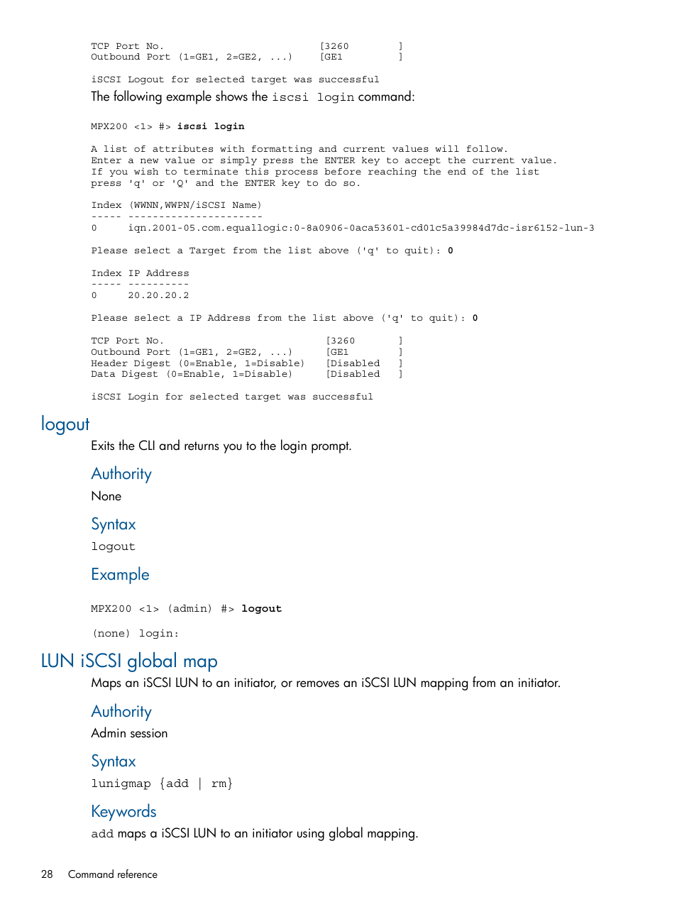 Logout, Lun iscsi global map, Logout lun iscsi global map | Authority, Syntax, Example, Keywords | HP MPX200 Multifunction Router User Manual | Page 28 / 147