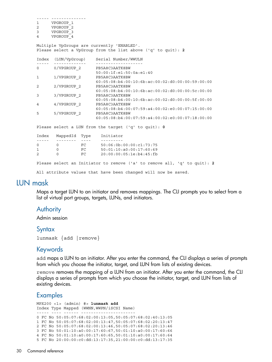 Lun mask, Authority, Syntax | Keywords, Examples | HP MPX200 Multifunction Router User Manual | Page 30 / 147