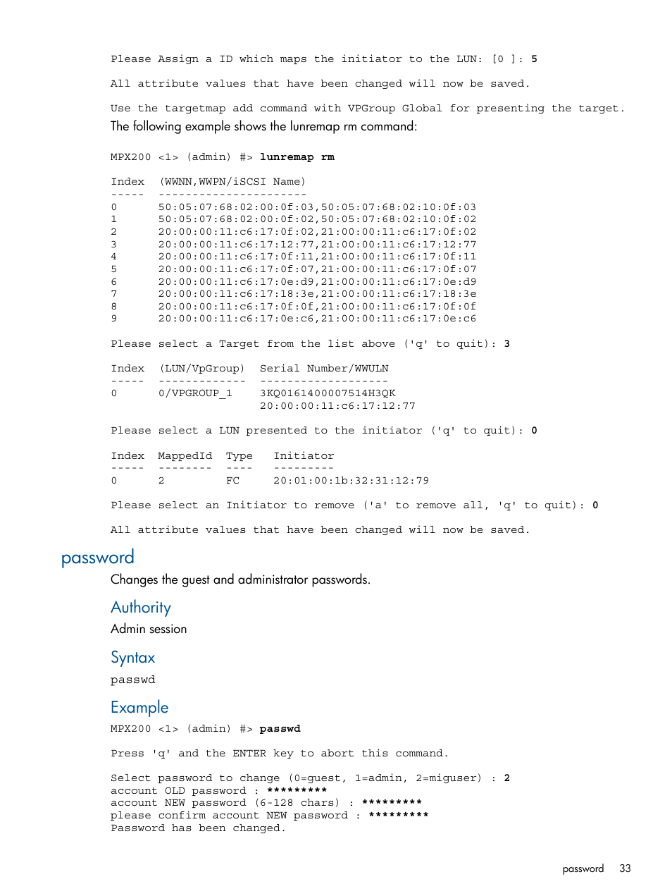 Password, Authority, Syntax | Example | HP MPX200 Multifunction Router User Manual | Page 33 / 147