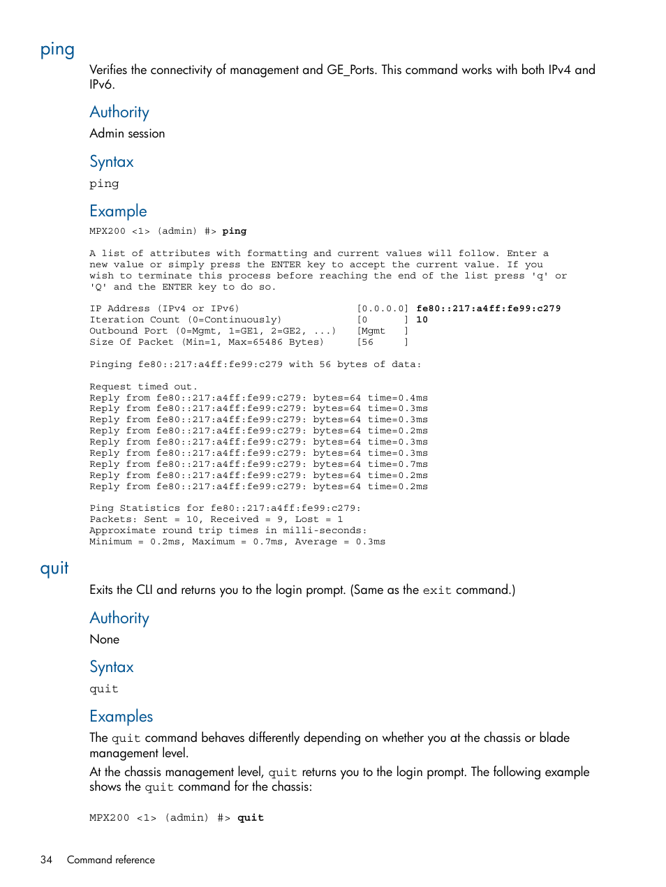 Ping, Quit, Ping quit | Authority, Syntax, Example, Examples | HP MPX200 Multifunction Router User Manual | Page 34 / 147