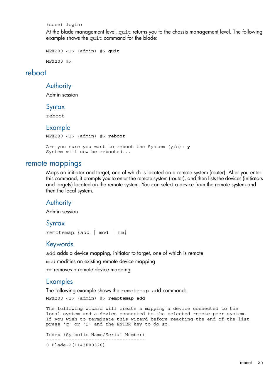 Reboot, Remote mappings, Reboot remote mappings | Authority, Syntax, Example, Keywords, Examples | HP MPX200 Multifunction Router User Manual | Page 35 / 147