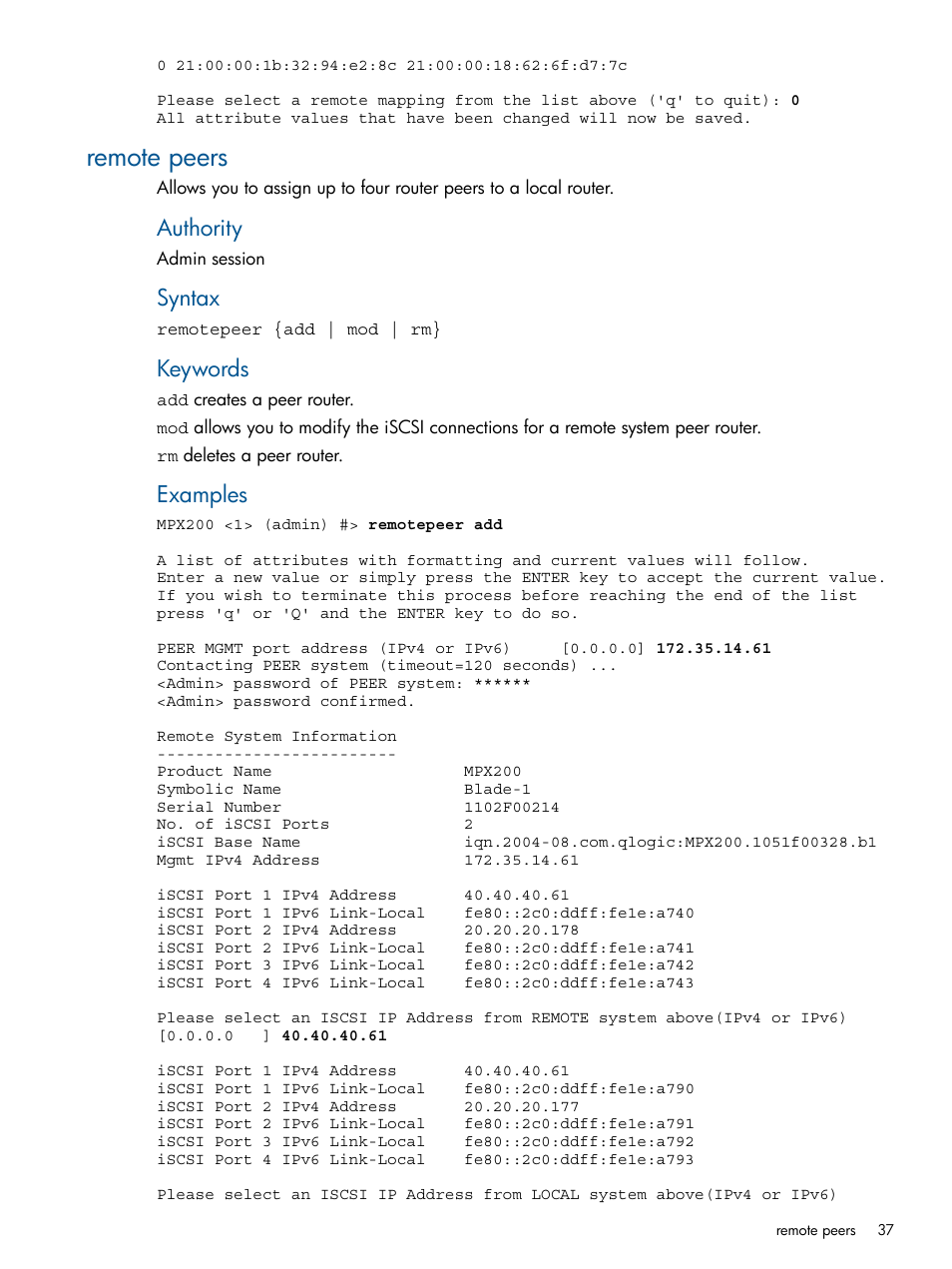 Remote peers, Authority, Syntax | Keywords, Examples | HP MPX200 Multifunction Router User Manual | Page 37 / 147