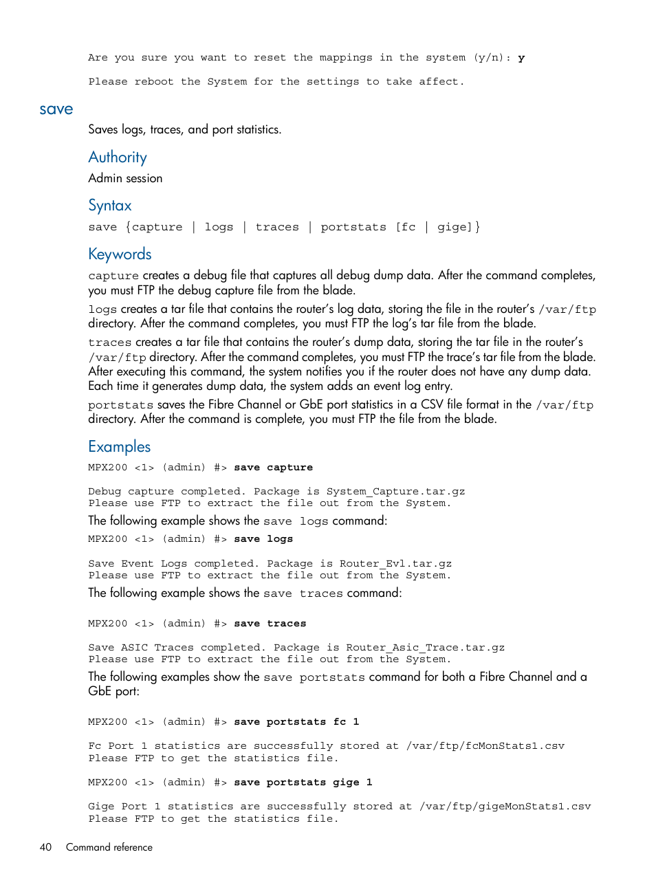 Save, Authority, Syntax | Keywords, Examples | HP MPX200 Multifunction Router User Manual | Page 40 / 147