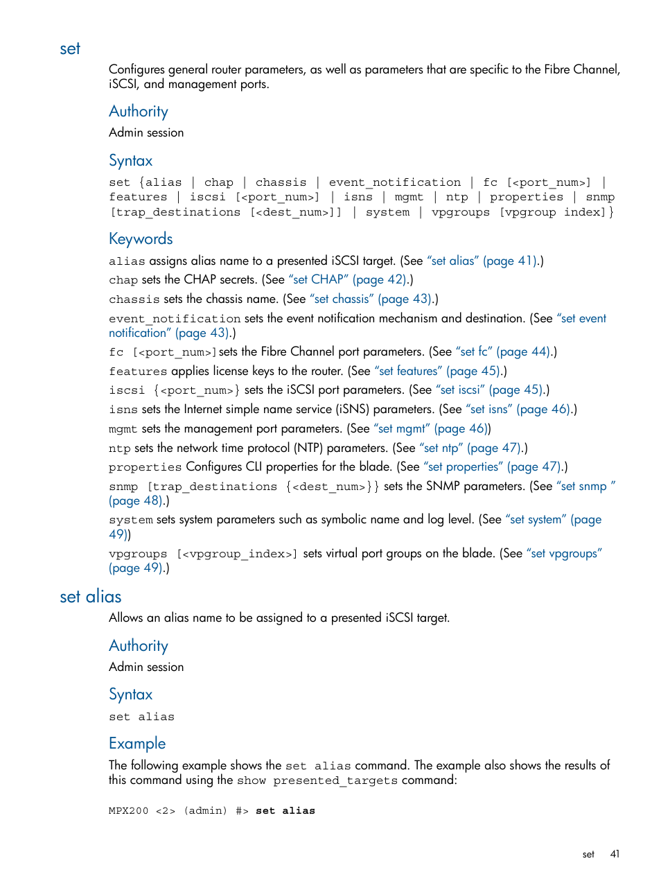 Set alias, Set set alias, Authority | Syntax, Keywords, Example | HP MPX200 Multifunction Router User Manual | Page 41 / 147