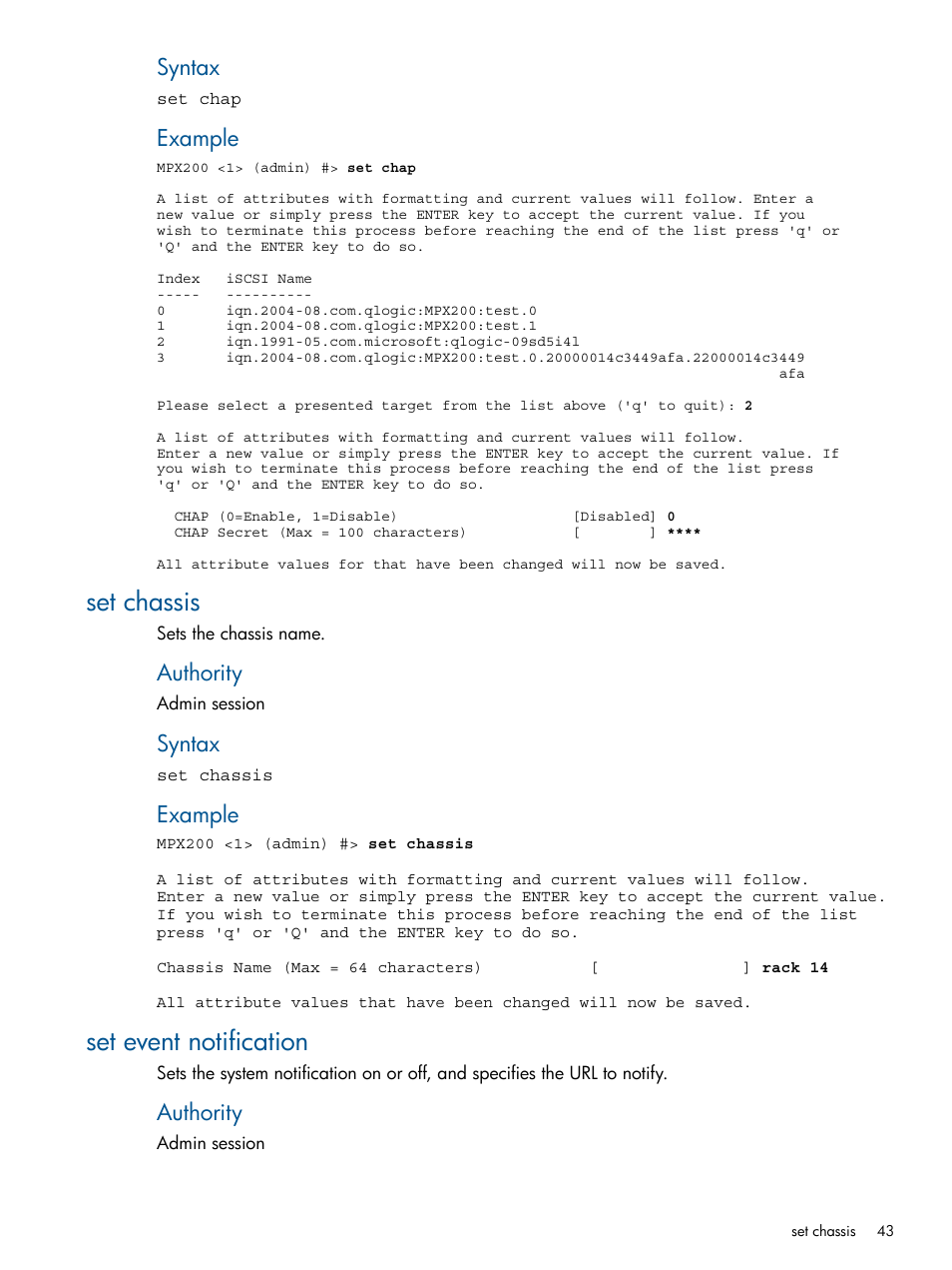 Set chassis, Set event notification, Set chassis set event notification | Set event, Syntax, Example, Authority | HP MPX200 Multifunction Router User Manual | Page 43 / 147