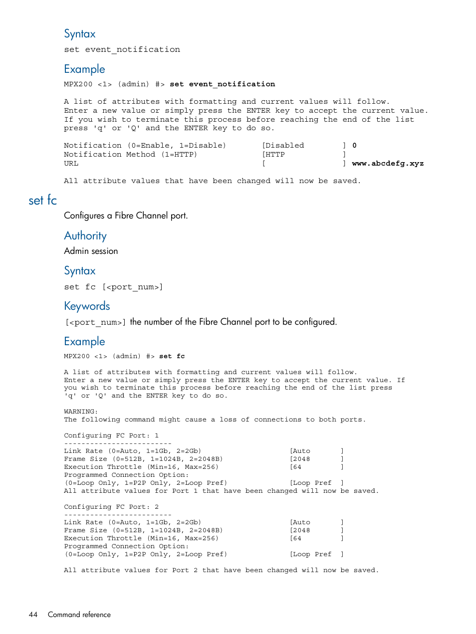 Set fc, Syntax, Example | Authority, Keywords | HP MPX200 Multifunction Router User Manual | Page 44 / 147