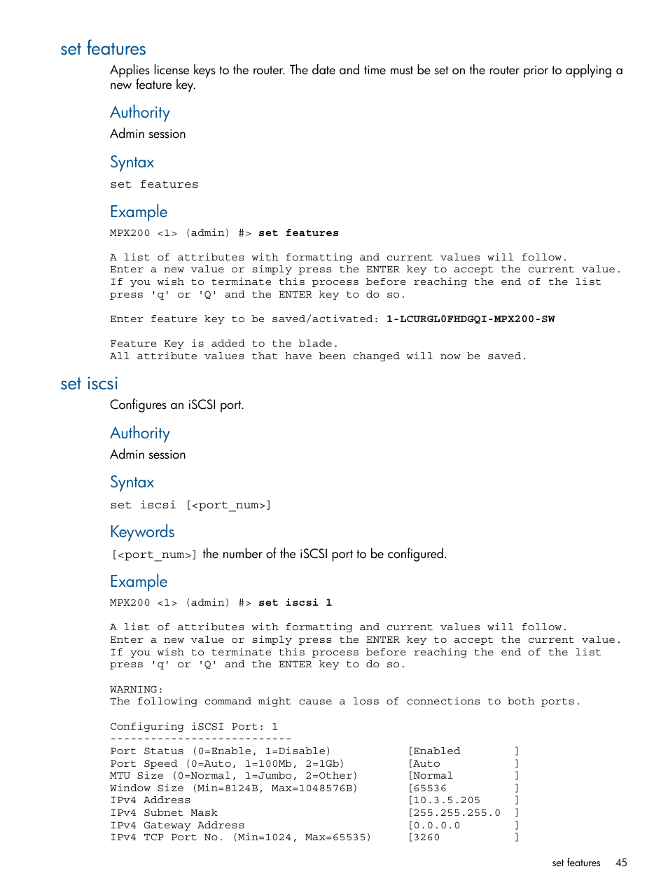 Set features, Set iscsi, Set features set iscsi | Authority, Syntax, Example, Keywords | HP MPX200 Multifunction Router User Manual | Page 45 / 147