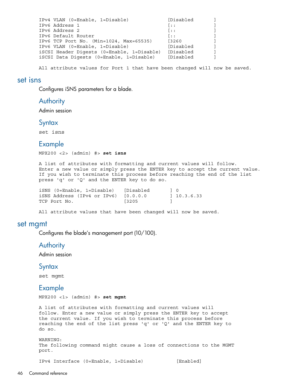 Set isns, Set mgmt, Set isns set mgmt | Authority, Syntax, Example | HP MPX200 Multifunction Router User Manual | Page 46 / 147