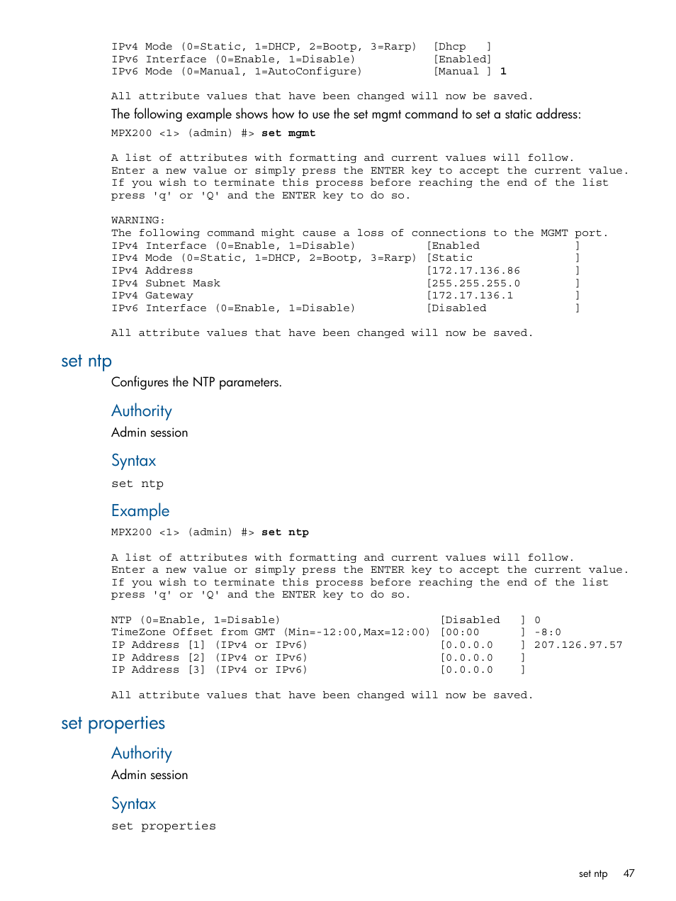 Set ntp, Set properties, Set ntp set properties | Authority, Syntax, Example | HP MPX200 Multifunction Router User Manual | Page 47 / 147