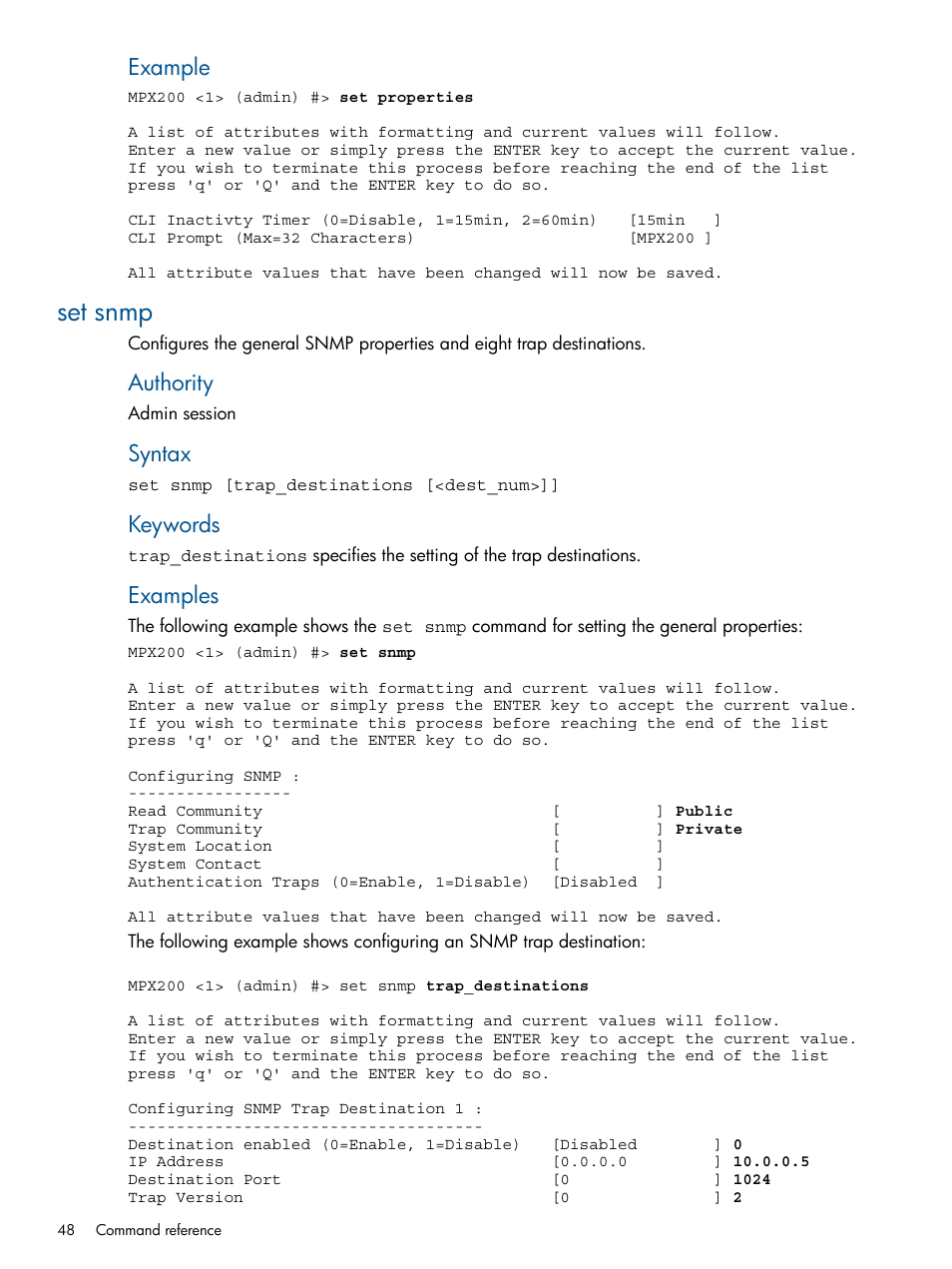 Set snmp, Example, Authority | Syntax, Keywords, Examples | HP MPX200 Multifunction Router User Manual | Page 48 / 147