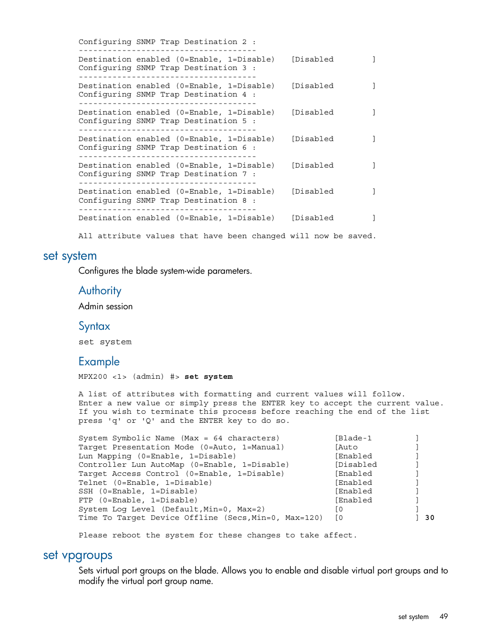 Set system, Set vpgroups, Set system set vpgroups | Authority, Syntax, Example | HP MPX200 Multifunction Router User Manual | Page 49 / 147