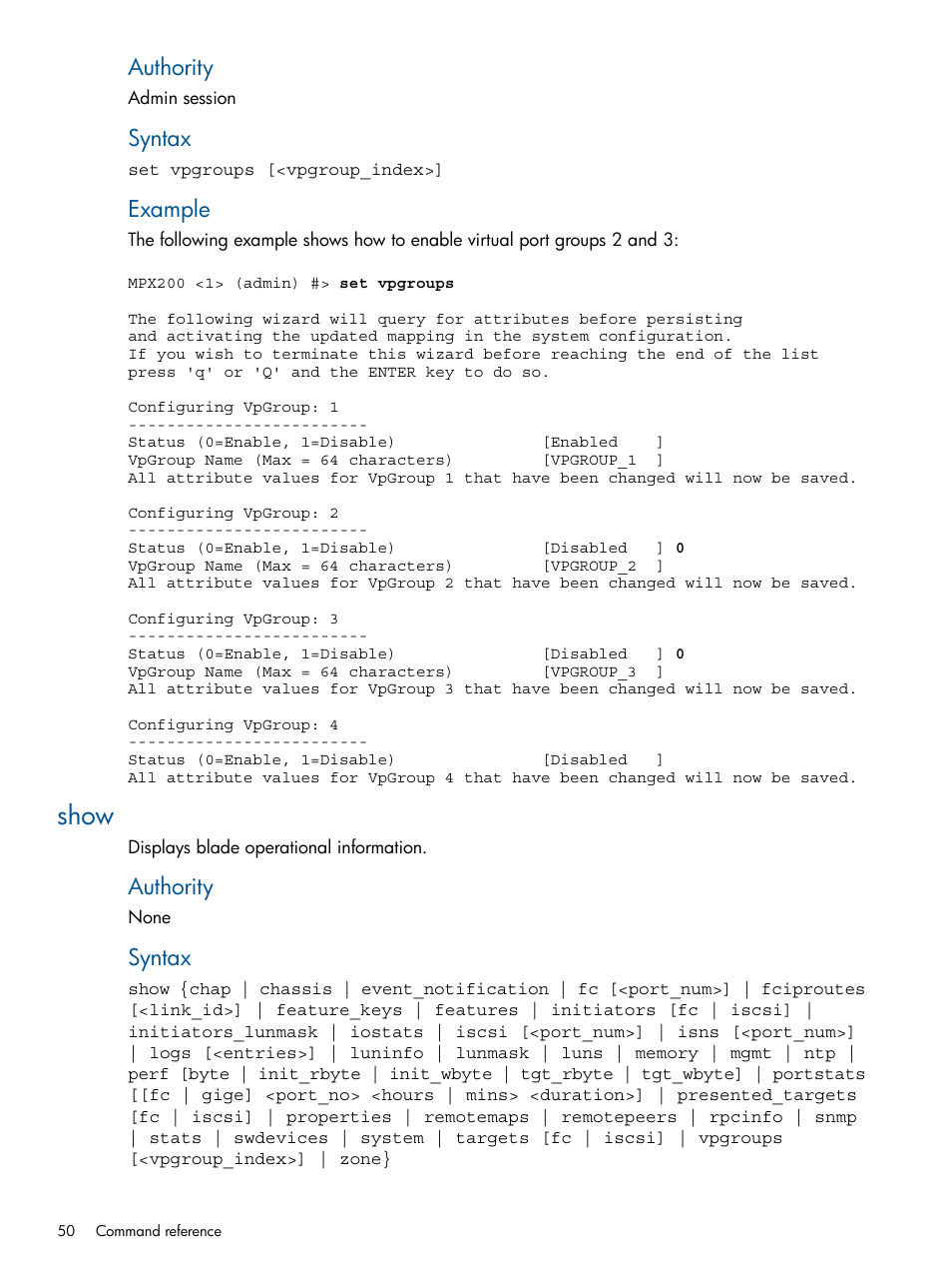 Show, Authority, Syntax | Example | HP MPX200 Multifunction Router User Manual | Page 50 / 147