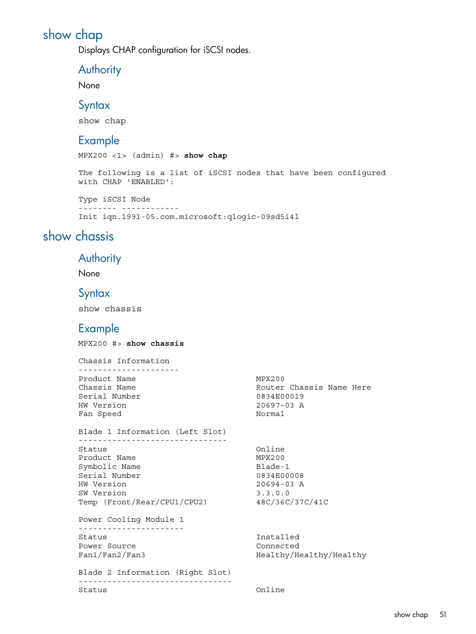 Show chap, Show chassis, Show chap show chassis | Authority, Syntax, Example | HP MPX200 Multifunction Router User Manual | Page 51 / 147