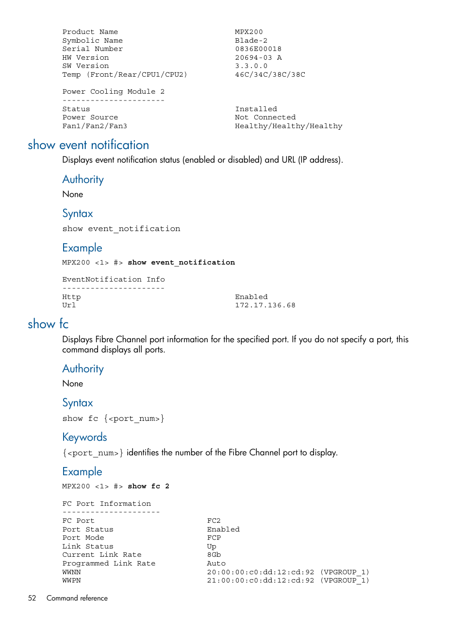 Show event notification, Show fc, Show event notification show fc | HP MPX200 Multifunction Router User Manual | Page 52 / 147