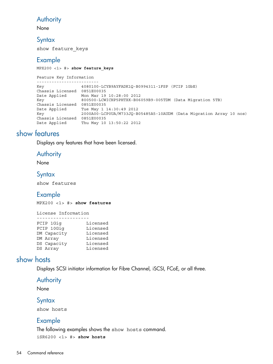 Show features, Show hosts, Show features show hosts | HP MPX200 Multifunction Router User Manual | Page 54 / 147