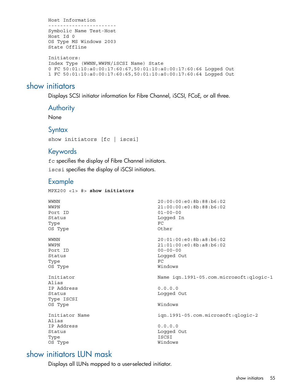 Show initiators, Show initiators lun mask, Show initiators show initiators lun mask | Authority, Syntax, Keywords, Example | HP MPX200 Multifunction Router User Manual | Page 55 / 147