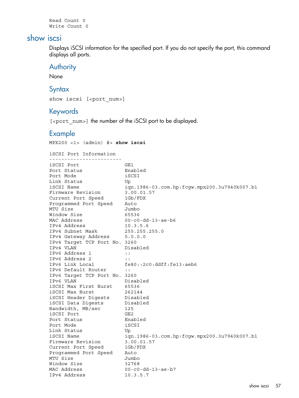 Show iscsi, Authority, Syntax | Keywords, Example | HP MPX200 Multifunction Router User Manual | Page 57 / 147