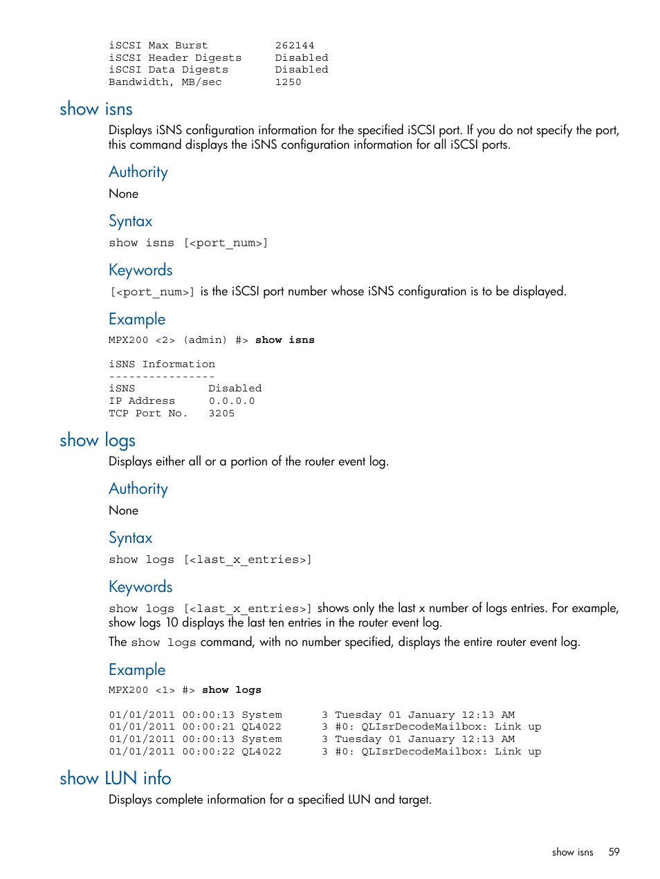 Show isns, Show logs, Show lun info | Show isns show logs show lun info | HP MPX200 Multifunction Router User Manual | Page 59 / 147