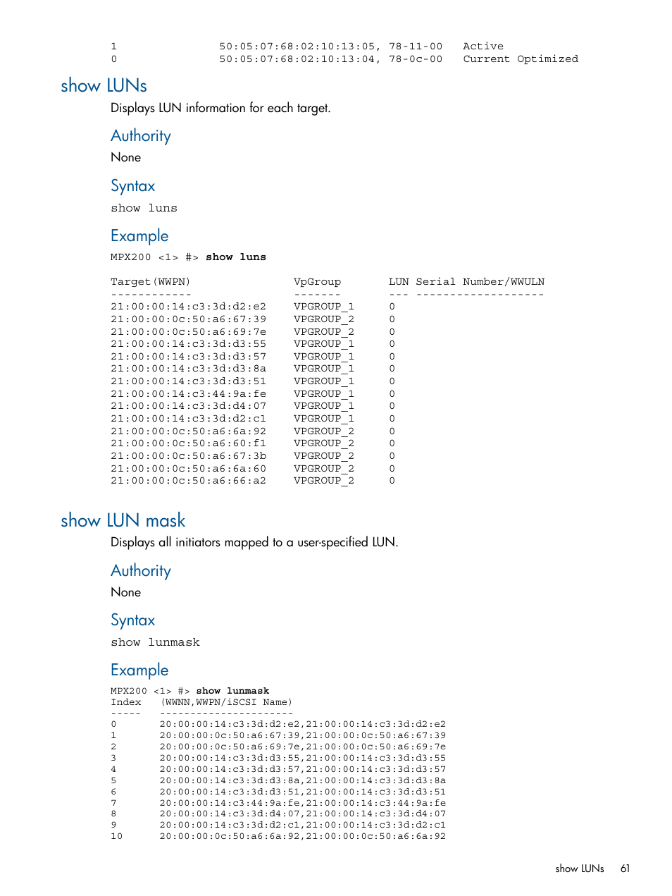 Show luns, Show lun mask, Show luns show lun mask | HP MPX200 Multifunction Router User Manual | Page 61 / 147