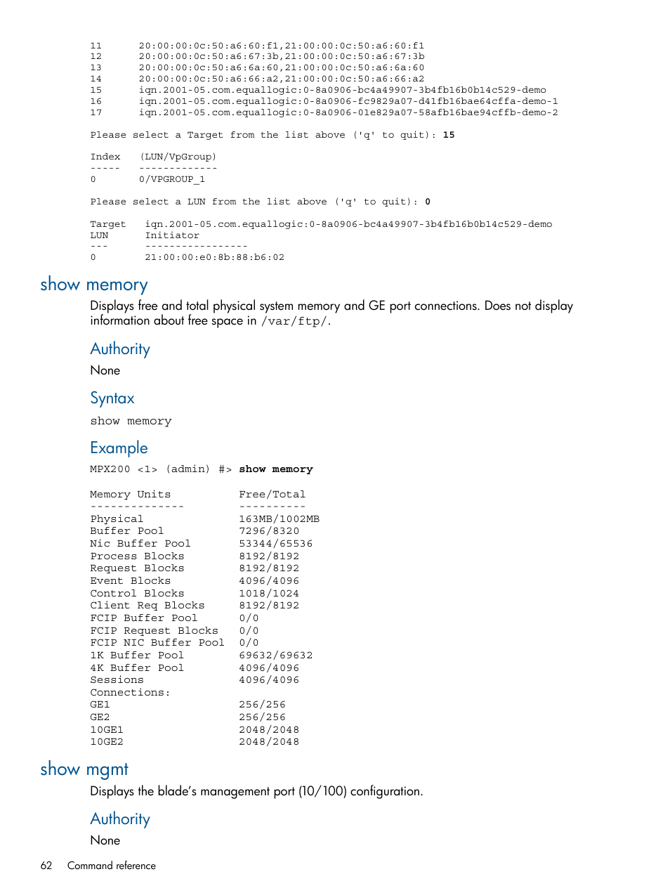 Show memory, Show mgmt, Show memory show mgmt | Authority, Syntax, Example | HP MPX200 Multifunction Router User Manual | Page 62 / 147