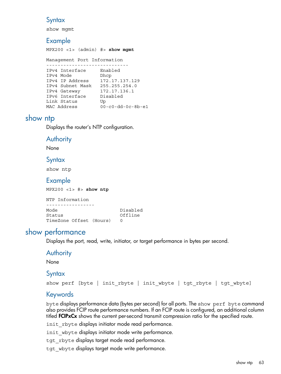 Show ntp, Show performance, Show ntp show performance | Syntax, Example, Authority, Keywords | HP MPX200 Multifunction Router User Manual | Page 63 / 147