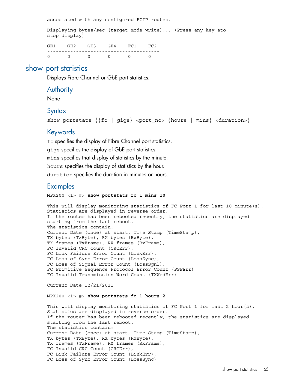 Show port statistics, Authority, Syntax | Keywords, Examples | HP MPX200 Multifunction Router User Manual | Page 65 / 147