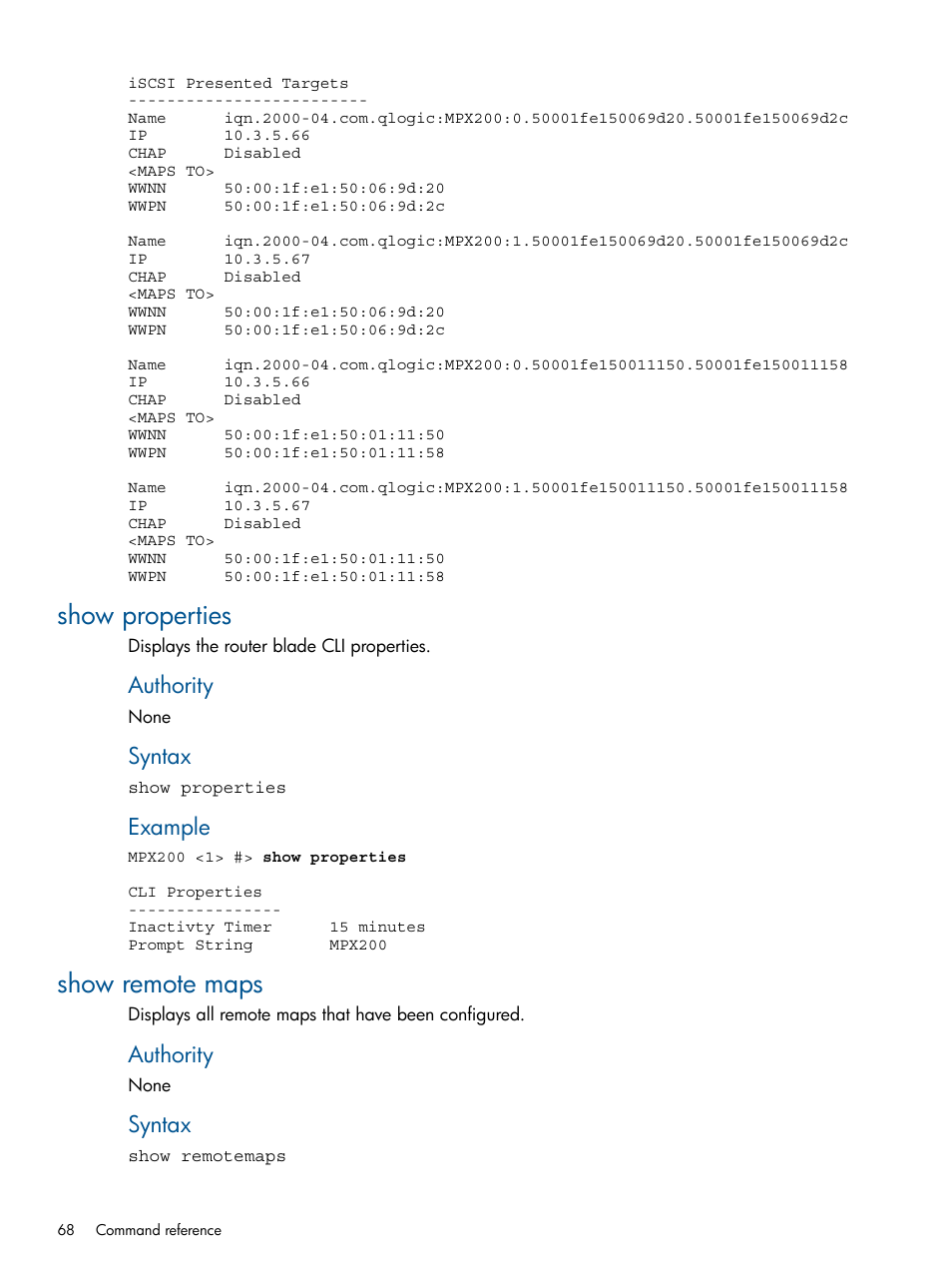 Show properties, Show remote maps, Show properties show remote maps | Authority, Syntax, Example | HP MPX200 Multifunction Router User Manual | Page 68 / 147